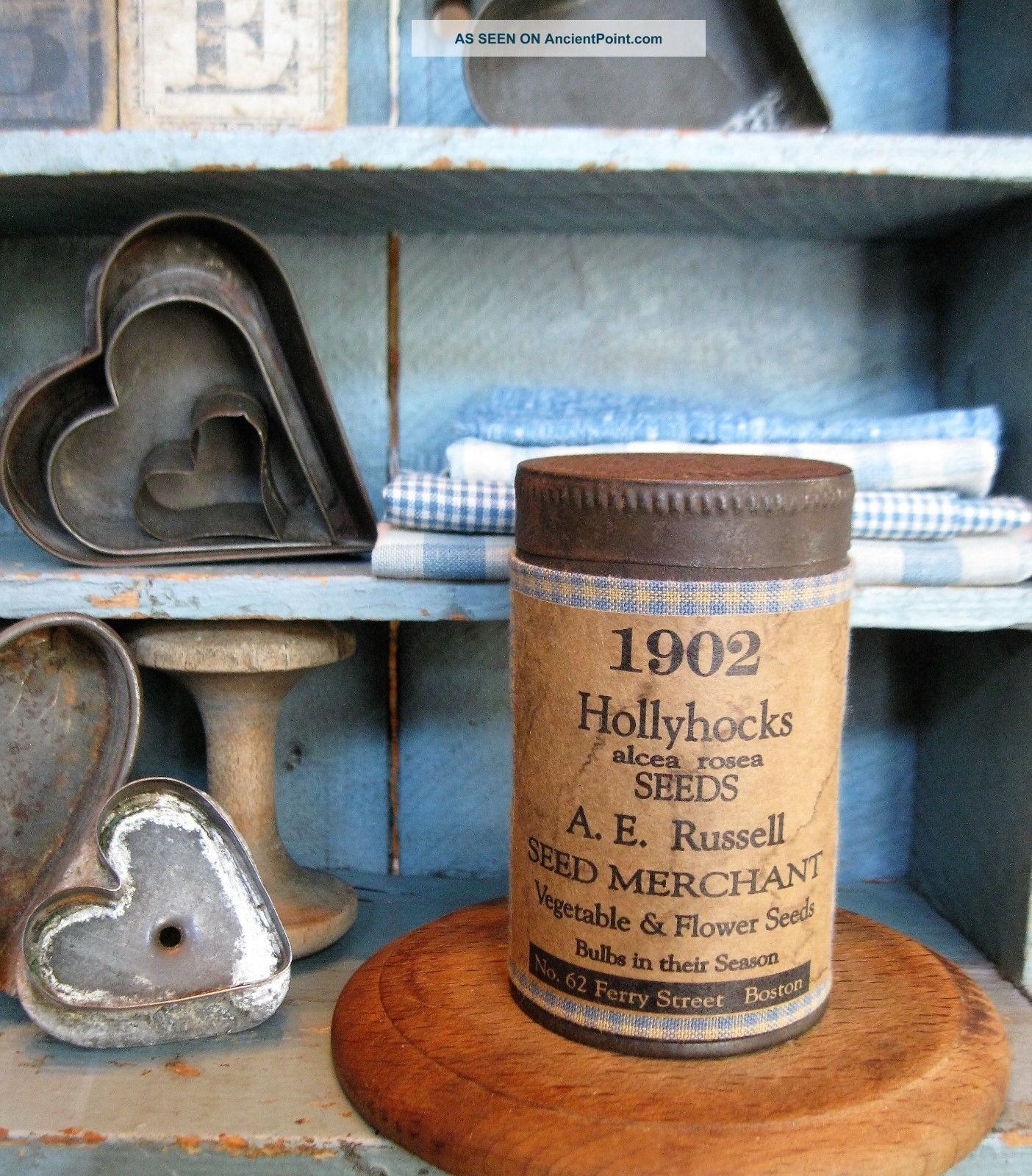 Primitive Antique Pantry Tin Hollyhock Seed Primitives photo