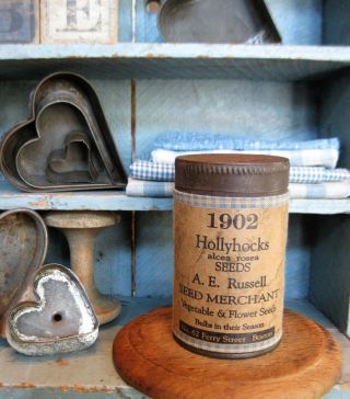 Primitive Antique Pantry Tin Hollyhock Seed photo