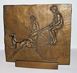 Children Bicycle Greyhound Whippet Dog Bronze Relief Plaque Sculpture Signed photo