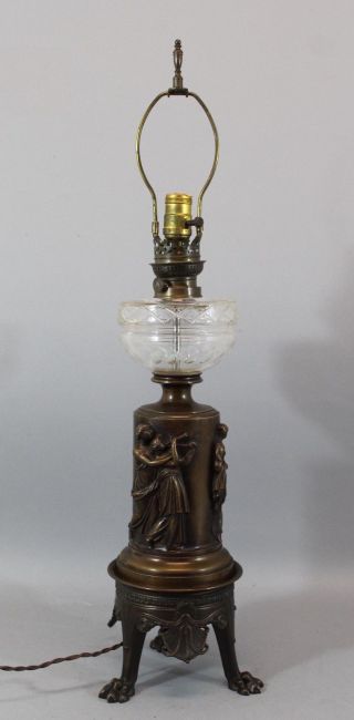 Antique 19thc Classical Bronze,  Cut Glass Converted Kerosene/electric Table Lamp photo