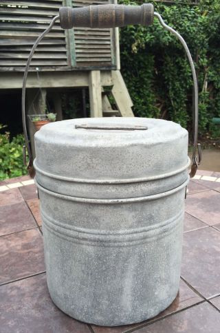 Vintage Primitive Coal Miner ' S Lunch Bucket 4 - Pc Aluminum Bail Handle Wood Grip photo