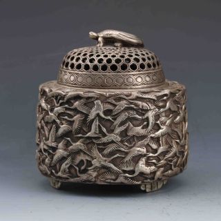 Chinese Tibetan Silver Hand - Carved Crane Incense Burner &turtle Lid G604 photo