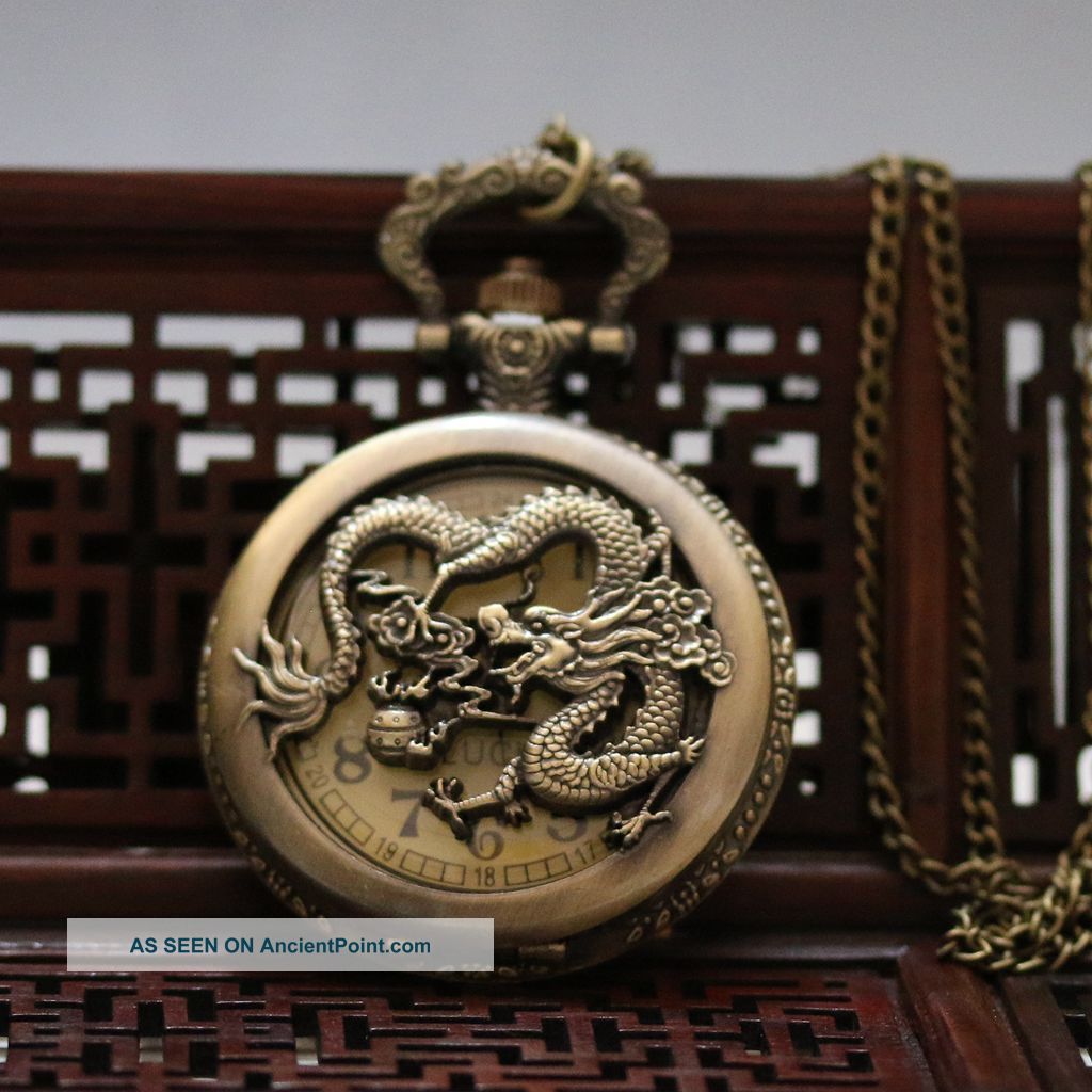 Chinese Collectable Brass Handwork Dragon Pattern Lid Pocket Watch Csyb422 Tables photo
