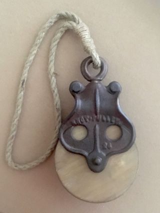Primitive Pulley Distressed Vintage Reproduction Cast Iron Wood Industrial Farm photo