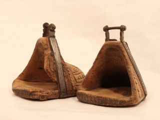 Spanish Colonial Carved Stirrups With Silver Inlay photo