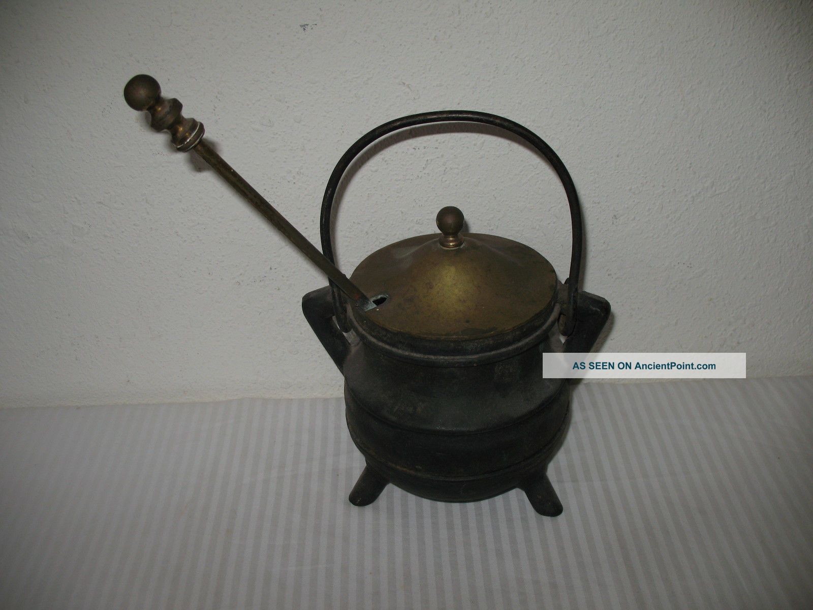 Cast Iron Fire Starter Smudge Pot Cauldron With Wand Brass Lid Vintage Antique Hearth Ware photo