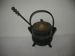 Cast Iron Fire Starter Smudge Pot Cauldron With Wand Brass Lid Vintage Antique photo