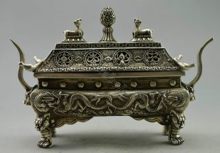 Collectible Decorate Old Handwork Tibet Silver Carve Tower Dragon Incense Burner photo