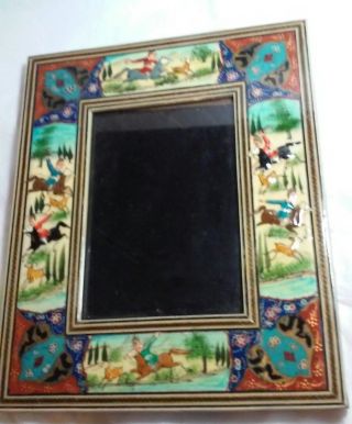 Vintage Hand Made Persian Lacquer Painted Wood Frame Horsemen & Gazelles photo