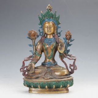 Chinese Antique Brass Hand - Carved Painted Buddism Bodhisattva Statue Green Tara photo