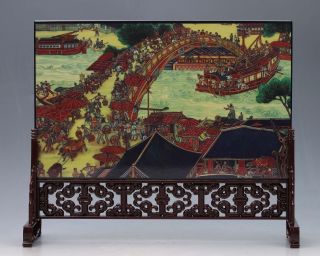 Chinese Lacquerware Hand - Painted Qingming Festival Riverside Screen G139 photo