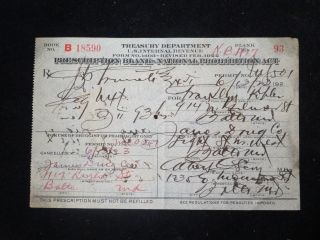 Authentic June 13th 1923 Prohibition Medical Alcohol Prescription Balt,  Md photo