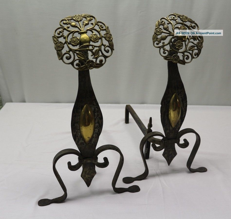 Antique Bronze And Wrought Iron Andirons Thistle And Rose Fireplaces & Mantels photo