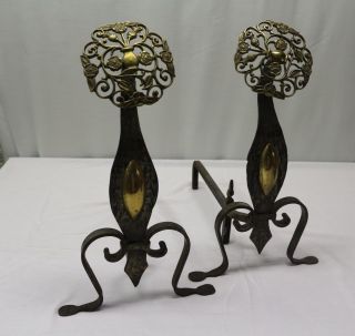 Antique Bronze And Wrought Iron Andirons Thistle And Rose photo