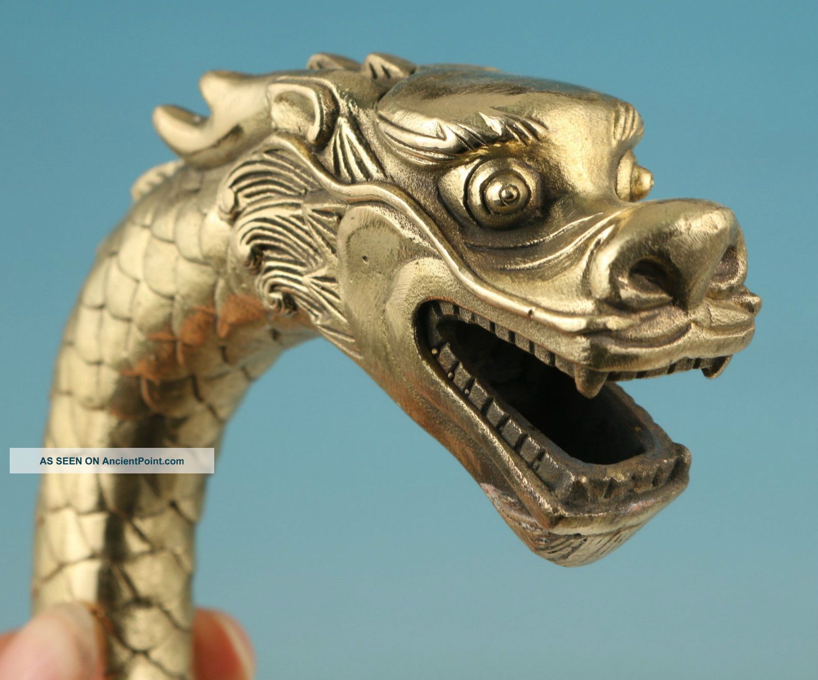 CHINESE OLD COPPER HAND CARVED FEROCITY DRAGON STATUE WALKING STICK HEAD 