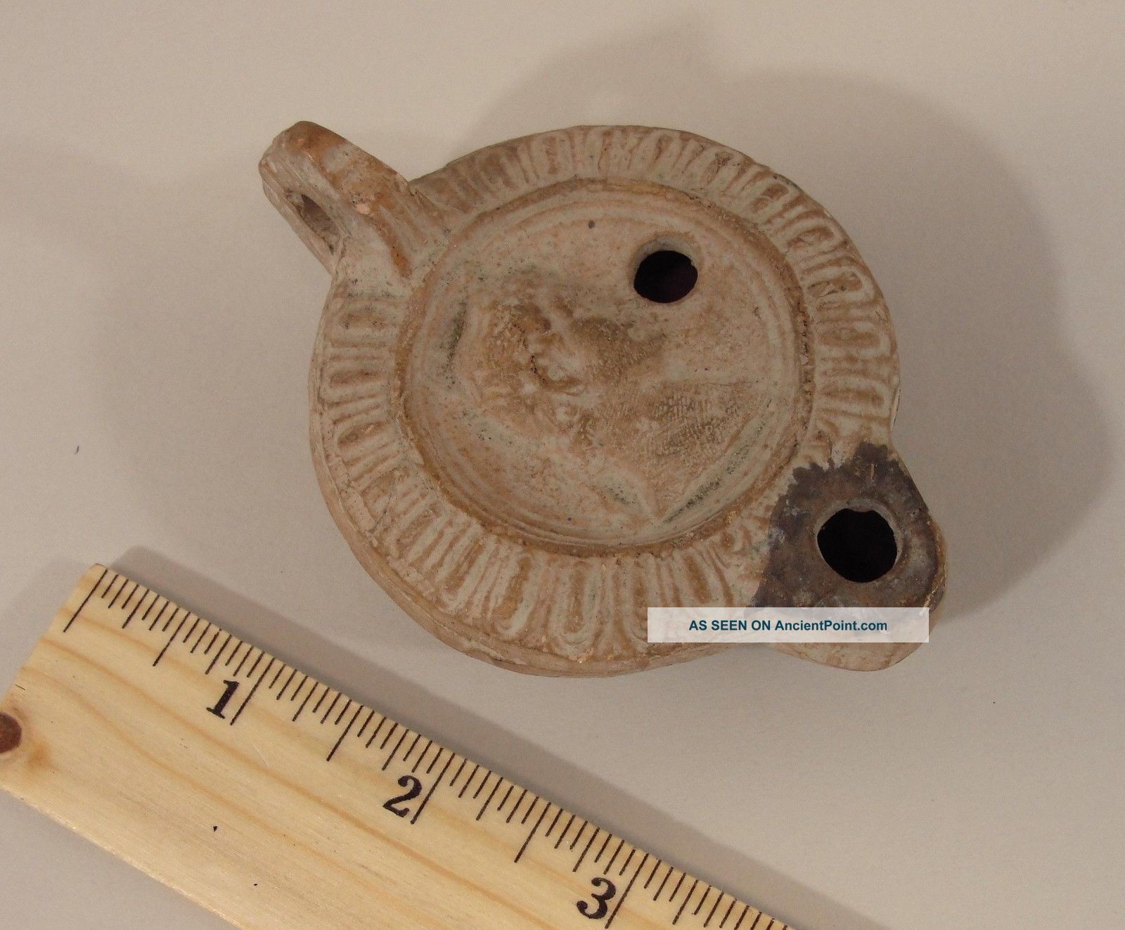 Ancient Antique Roman Clay Oil Lamp W/ Emperor Profile, Roman photo
