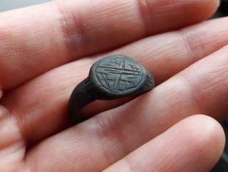 Antique Bronze Ring Post - Medieval Old With Engraved photo