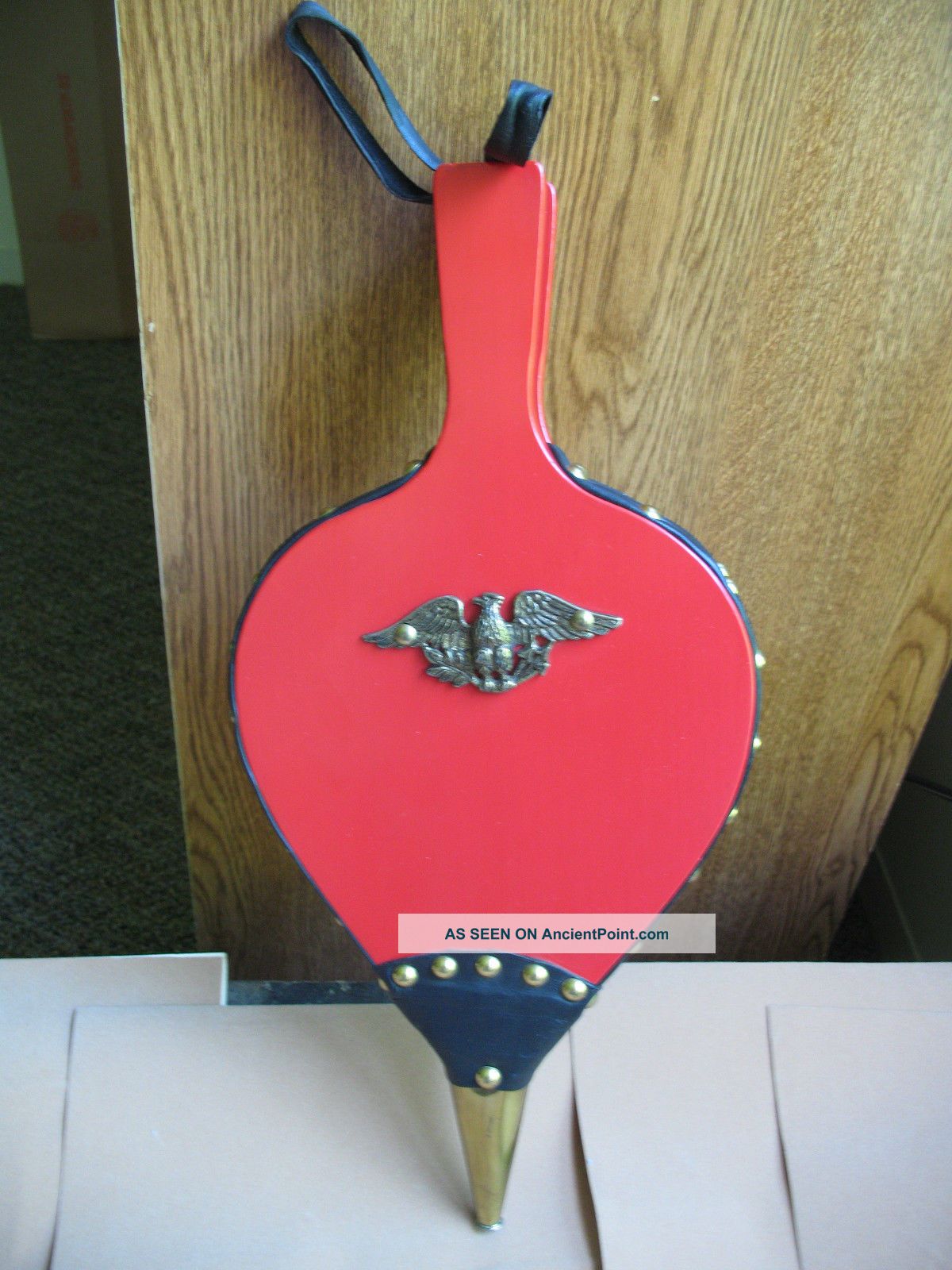 Vtg Red Enamel Paint Eagle Crest Black Leather Fireplace Bellows Cond. Hearth Ware photo
