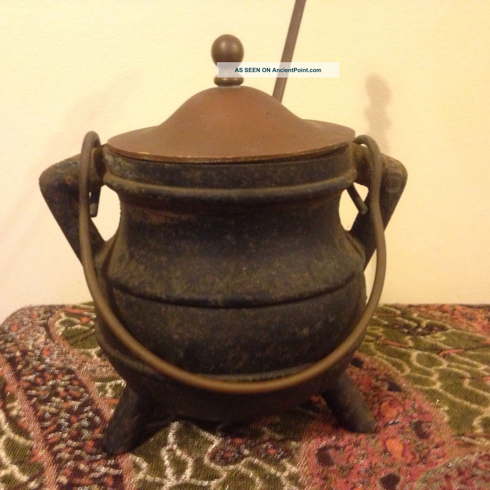 Vintage Cast Iron Witch Fire Starter Cauldron W/ Brass Lid & Pumice Wand. Hearth Ware photo