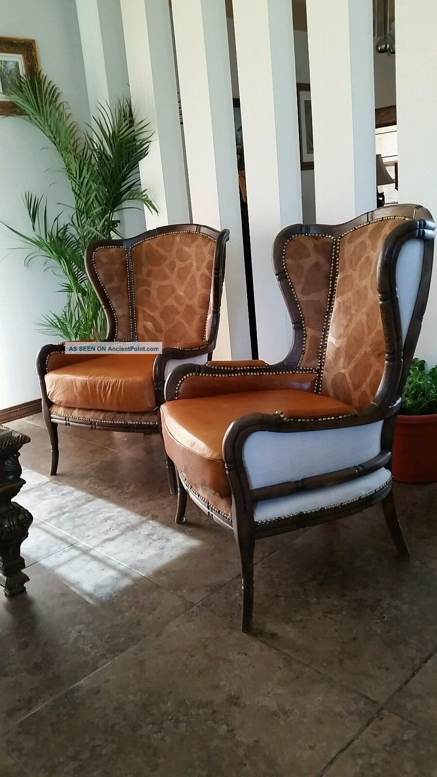 Exquisite Conac Italian Lamb Skin Leather Chippendale Style Wing Chairs Post-1950 photo