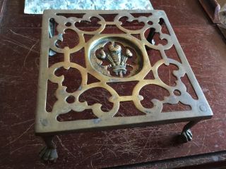 Vintage Ornate Brass Metal Fireplace Hearth Kettle Or Cooking Trivet Stand photo