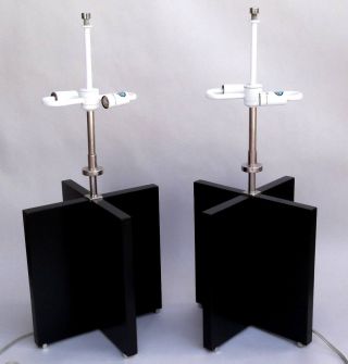 Pair Walter Von Nessen 2 - Light Black Wood Chrome Table Lamps Signed photo