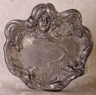Art Nouveau Signed Base Relief Victorian Lady Pewter Pin Dish Trinket Dish photo
