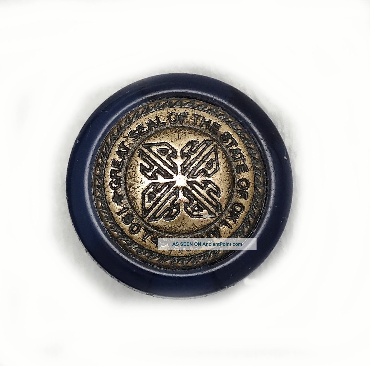 Button Antique Blue Glass 1907 Great Seal State Oklahoma Shank F/s Buttons photo