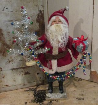 Santa Claus Statue Tinsel Christmas Tree Red Suit Vintage Style Primitive Decor photo
