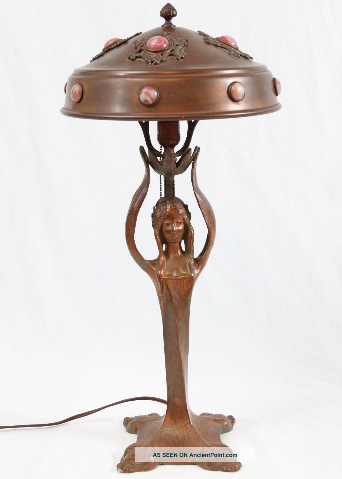 Antique Copper Woman Figural Table Lamp Jeweled Shade Art Nouveau Deco Lamps photo