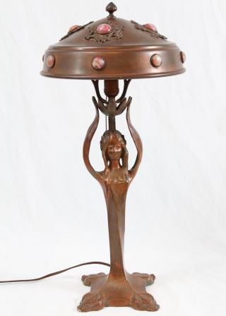 Antique Copper Woman Figural Table Lamp Jeweled Shade Art Nouveau Deco photo