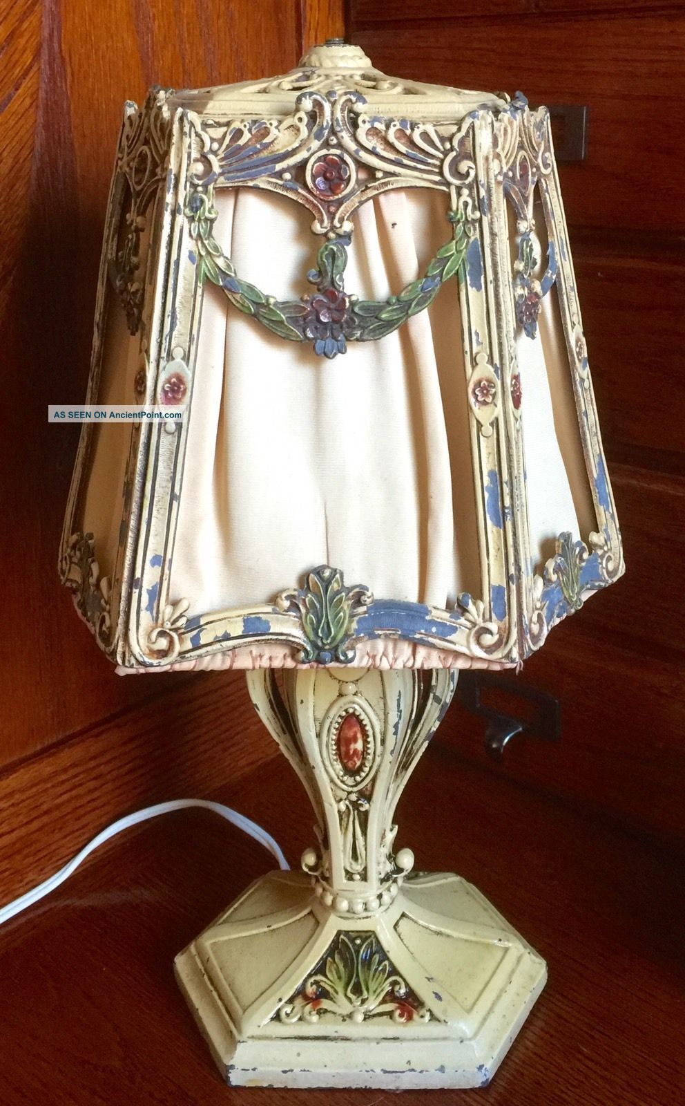 Antique C1910 Metal Art Nouveau Boudoir Table Lamp Fabric Shabby Chic Paris Lamps photo