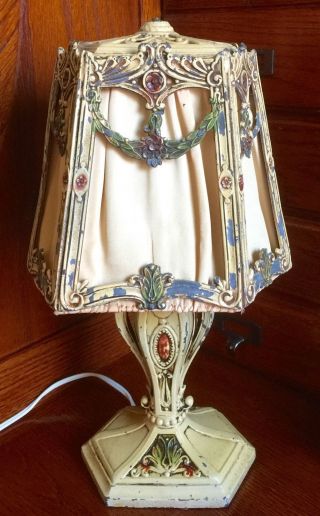 Antique C1910 Metal Art Nouveau Boudoir Table Lamp Fabric Shabby Chic Paris photo
