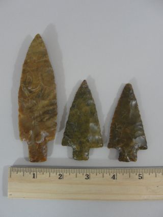 3 Flint - Knapping Modern Jasper Stone Spear Point Arrowheads, photo