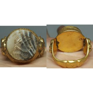 Roman Agate Intaglio Stone 24k Gold Gilded Silver Ring photo