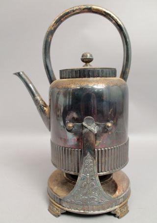 Antique 1880s Aesthetic Bee In Flowers Silver Sp Hot Water Pot On Stand W Burner photo