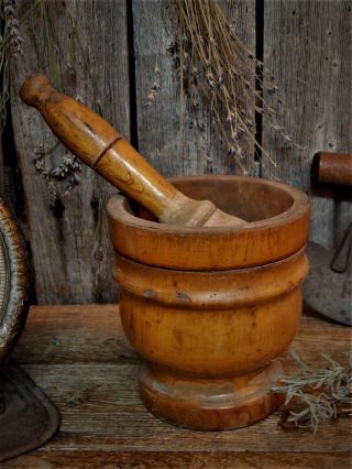 Antique Primitive Old Turned Wood Mortar And Pestle Apothecary Kitchen photo