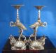 A Pair Antique Collectible Handmade Statue Candlestick Silver Turtle & Crane 9 