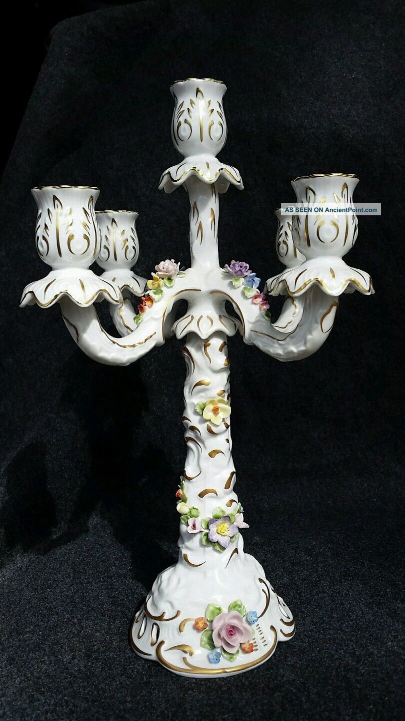Antique Capodimonte Dresden Porcelain Flowers 5 Arm Candelabra 15 