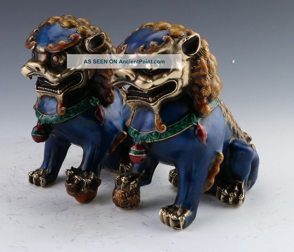 A Pair Chinese Cloisonne Copper Statue - Lion Foo Dogs photo