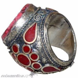 Late Medieval Massive Heavy Silvered Seal Ring With Red Stone photo
