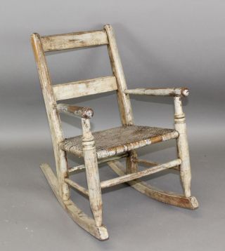 Fine 19th C Child ' S 2 Slat Ladderback Armchair Rocker In Great Old Ivory Paint photo