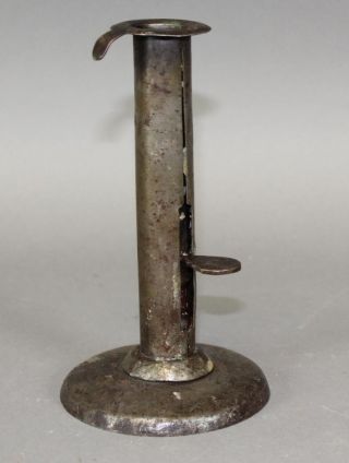 A Great Early 19th C Rolled Iron Hogscraper Candlestick Old Polished Surface photo