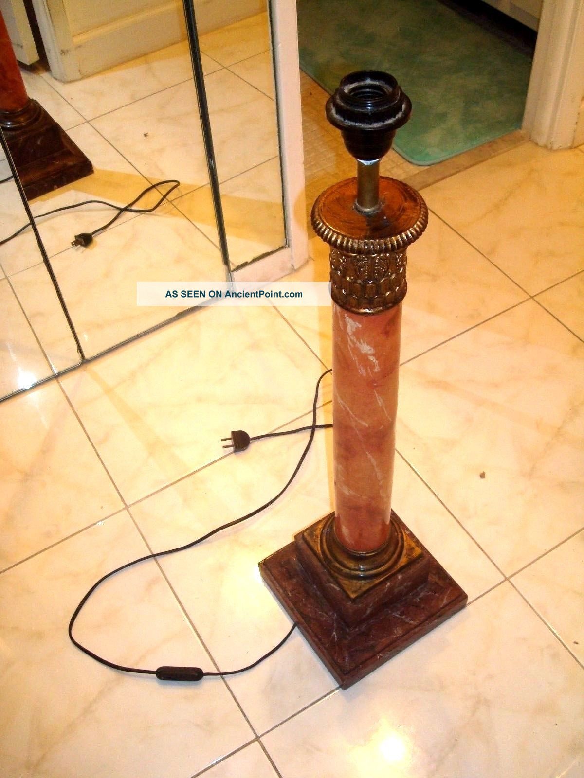 Antique Heavy Marble & Brass Table Lamp Base Is Brown & Black,  Column Pink, Lamps photo
