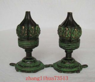 A Pair Antique Handmade Statue Copper Bronze Candlestick Lotus photo