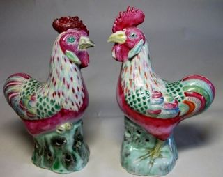 Antique Pair Chinese Porcelain Famille Rose Cockerels Figurines. photo