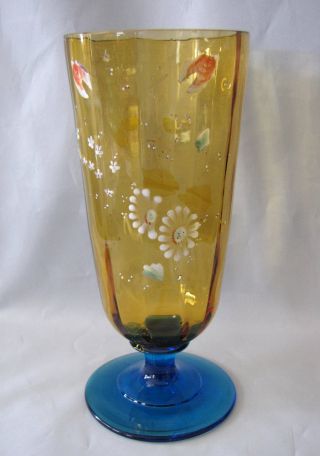 Hand Painted Enameled Amber Blue Paneled Vintage Glass Pedestal Vase photo