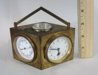 Antique Charles Hour Brass Desktop Weather Station Clock Compass Barometer, photo