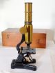 Antique Brass Compound Desk Microscope Tri Lens R & P Focus W/ Slide & Case Fwo Other Antique Science Equip photo 3