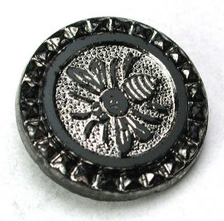 Antique Black Glass Button Honey Bee W/ Silver Luster - 11/16 